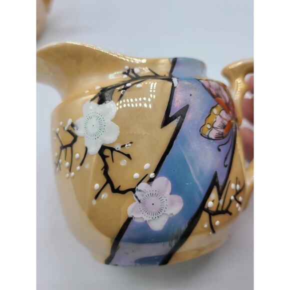 Vtg Hand Painted Japanese Lusterware Set. 3 plates 7 1/4", Sugar Bowl & Creamer - Picture 7 of 14
